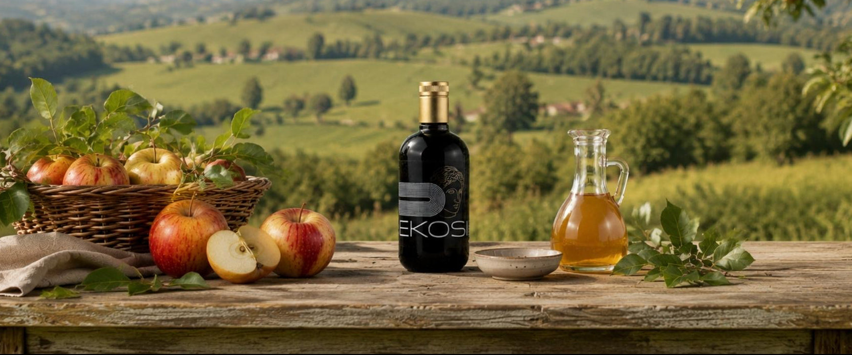 EKOSI Apfel Balsamessig aus der Steiermark auf einem rustikalen Holztisch mit frischen Äpfeln, Apfelzweigen und einer Karaffe Apfelessig. Im Hintergrund erstreckt sich eine idyllische steirische Hügellandschaft und vermittelt Regionalität, Natürlichkeit und hochwertigen Genuss.