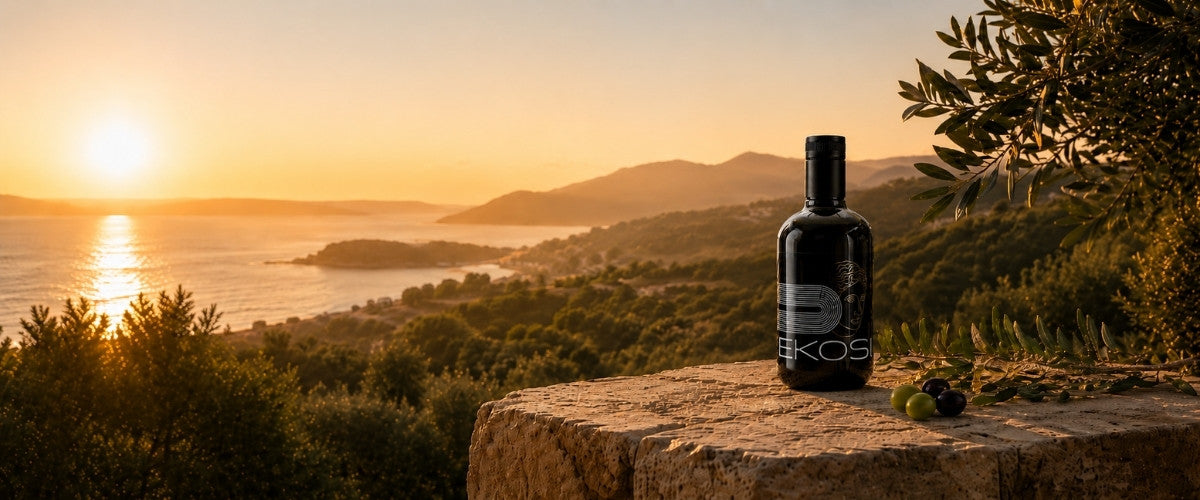 EKOSI Extra Natives Olivenöl in einer schwarzen Flasche auf einer Steinmauer mit Blick auf die Küste Kretas bei Sonnenuntergang, umgeben von Olivenzweigen und frischen Oliven.