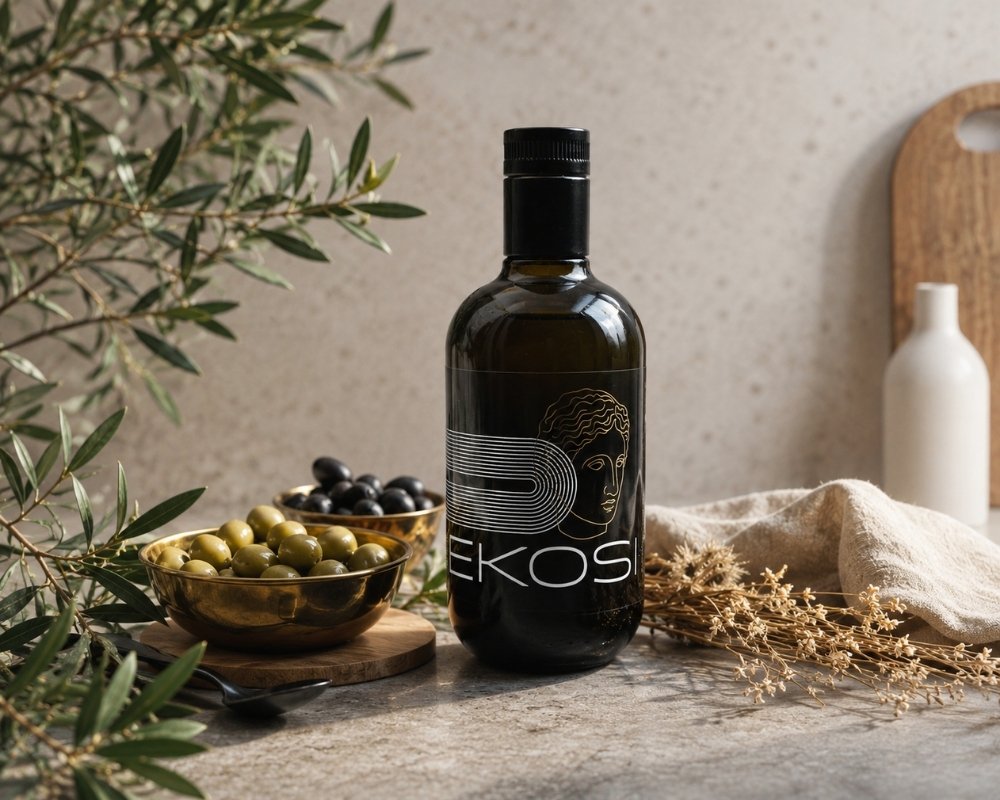 EKOSI Extra Vergine Olivenöl in hochwertiger Glasflasche auf einer hellen Natursteinplatte, umgeben von grünen und schwarzen Oliven, Olivenzweigen und mediterraner Dekoration. Stilvolle Produktinszenierung des nativen Olivenöls extra aus Kreta.