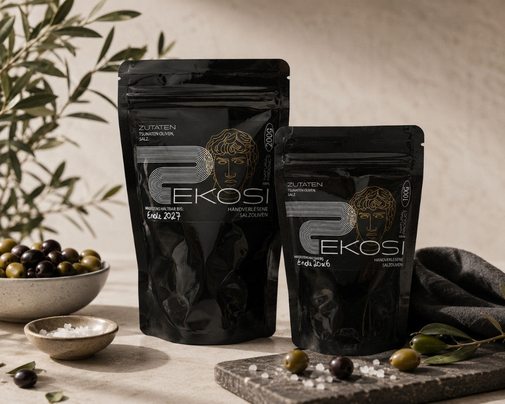 EKOSI handverlesene Salzoliven in 100-g- und 200-g-Verpackung auf hellem Naturstein mit Meersalz, Oliven und Olivenzweigen. Mediterrane Produktinszenierung der Premium-Salzoliven aus Tsunaten-Oliven.