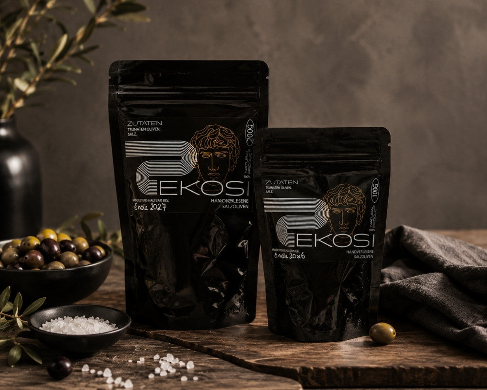 EKOSI handverlesene Salzoliven in 100-g- und 200-g-Verpackung auf rustikalem Holztisch mit Meersalz, Oliven und mediterraner Dekoration. Premium-Salzoliven aus Tsunaten-Oliven in stilvoller Produktinszenierung.