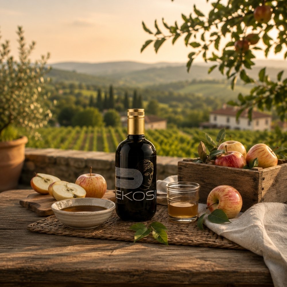 EKOSI Steirischer Apfel Balsam Essig auf einem rustikalen Holztisch mit frischen Äpfeln, Apfelessig und einer Schale Dressing vor einer idyllischen steirischen Wein- und Hügellandschaft – regional, natürlich und hochwertig.