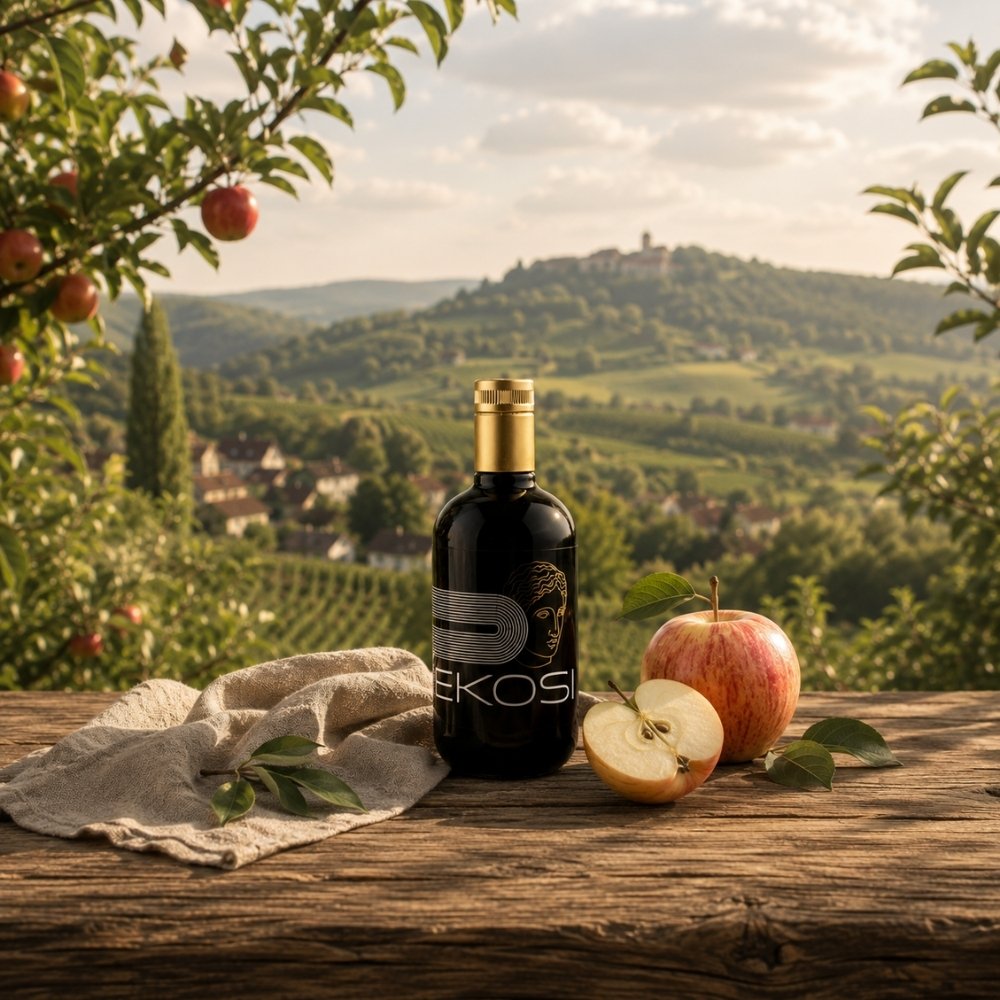 EKOSI Steirischer Apfel Balsam Essig auf einem rustikalen Holztisch mit frischen Äpfeln vor einer idyllischen steirischen Hügellandschaft – regional, natürlich und hochwertig.
