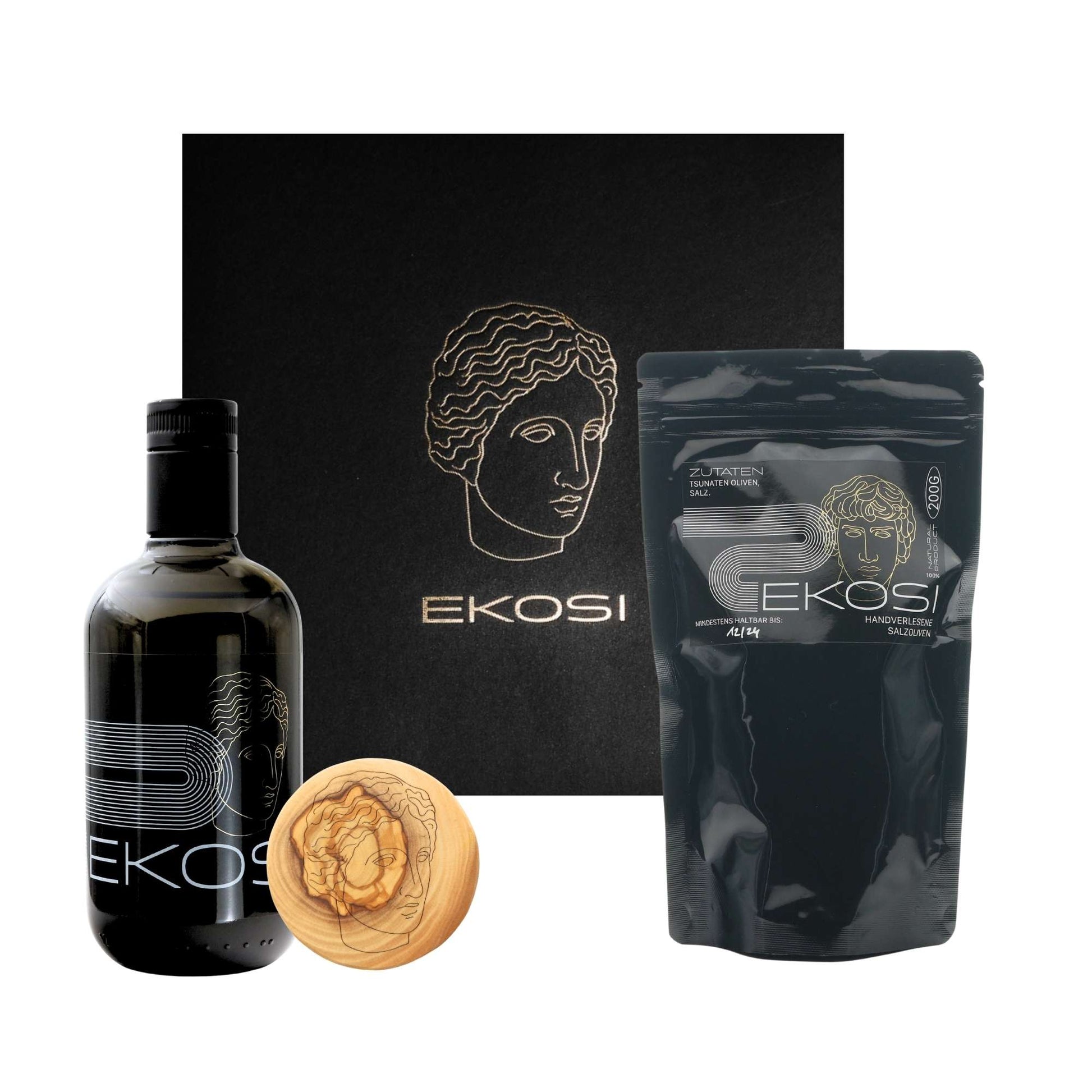 ekosi Geschenkbox für Gaumenfreunde Olivenöl, Salzoliven und Glasuntersetzer