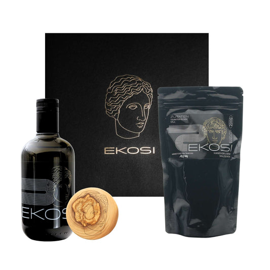 ekosi Geschenkbox für Gaumenfreunde Olivenöl, Salzoliven und Glasuntersetzer