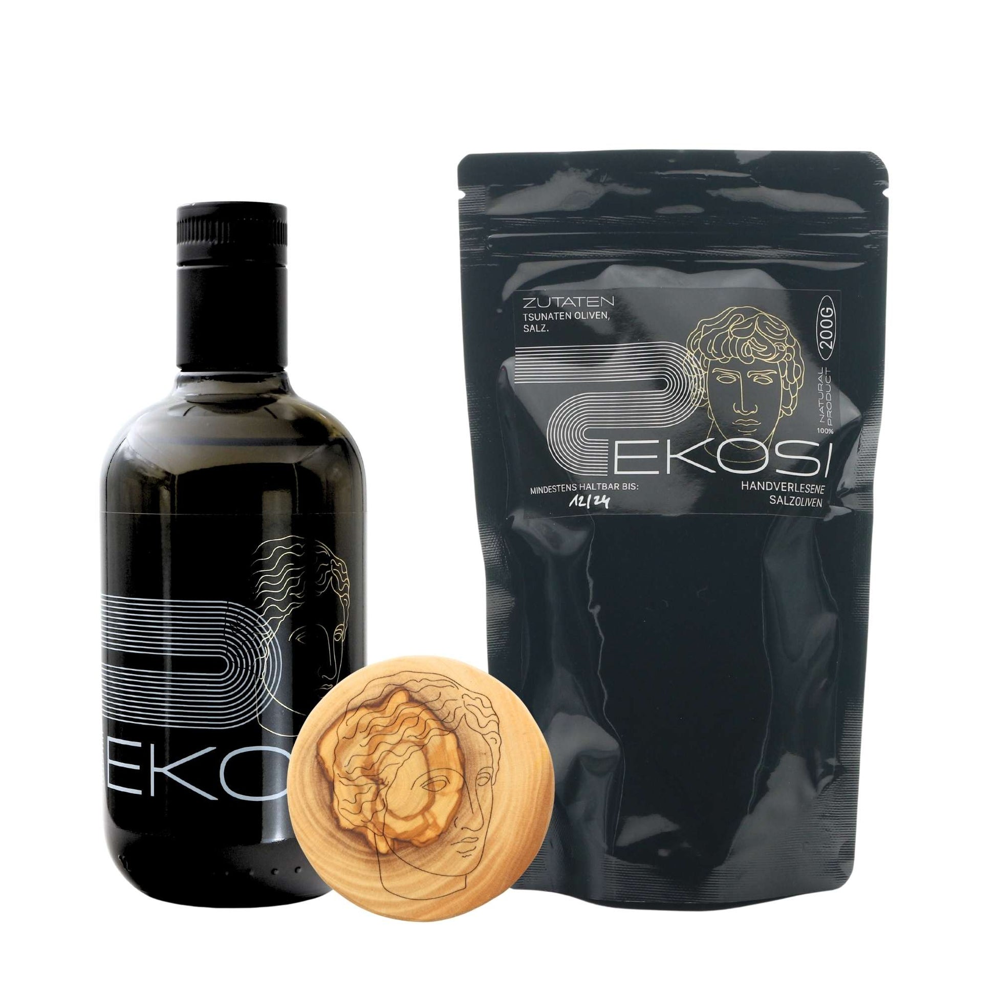 ekosi Geschenkbox für Gaumenfreunde Olivenöl, Salzoliven und Glasuntersetzer