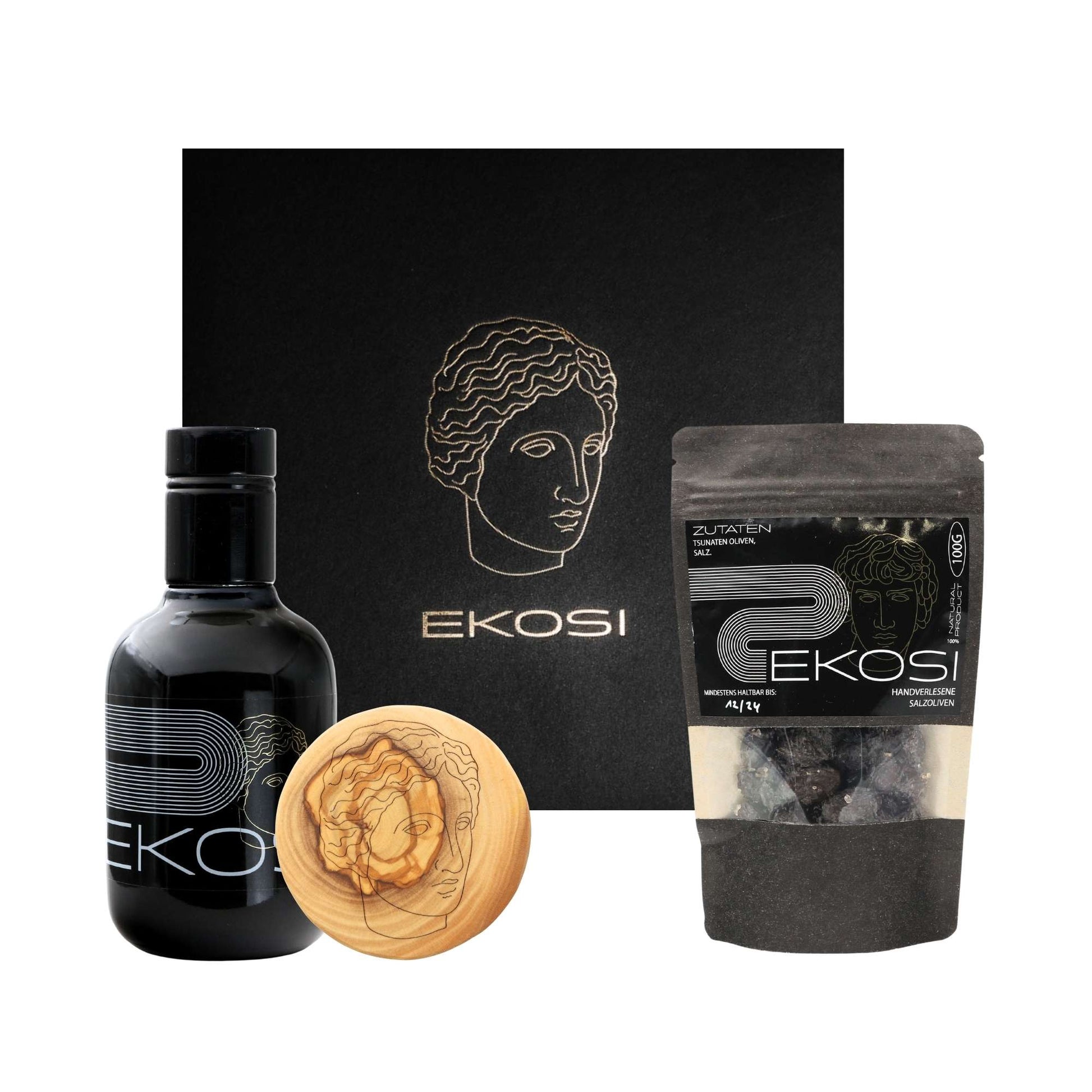 ekosi Geschenkbox für Gaumenfreunde Olivenöl, Salzoliven und Glasuntersetzer