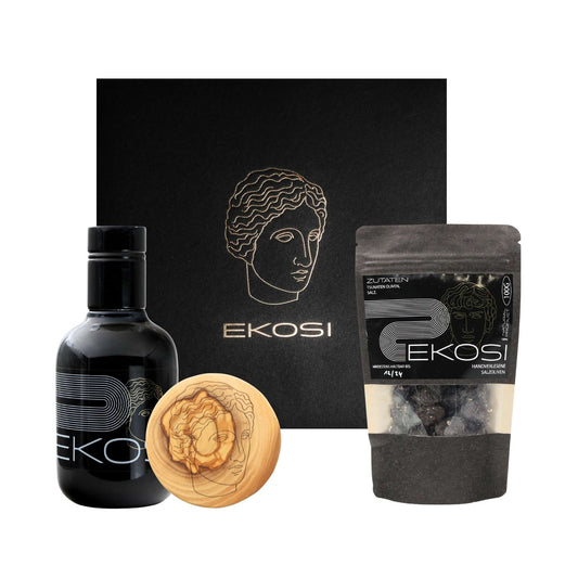 ekosi Geschenkbox für Gaumenfreunde Olivenöl, Salzoliven und Glasuntersetzer