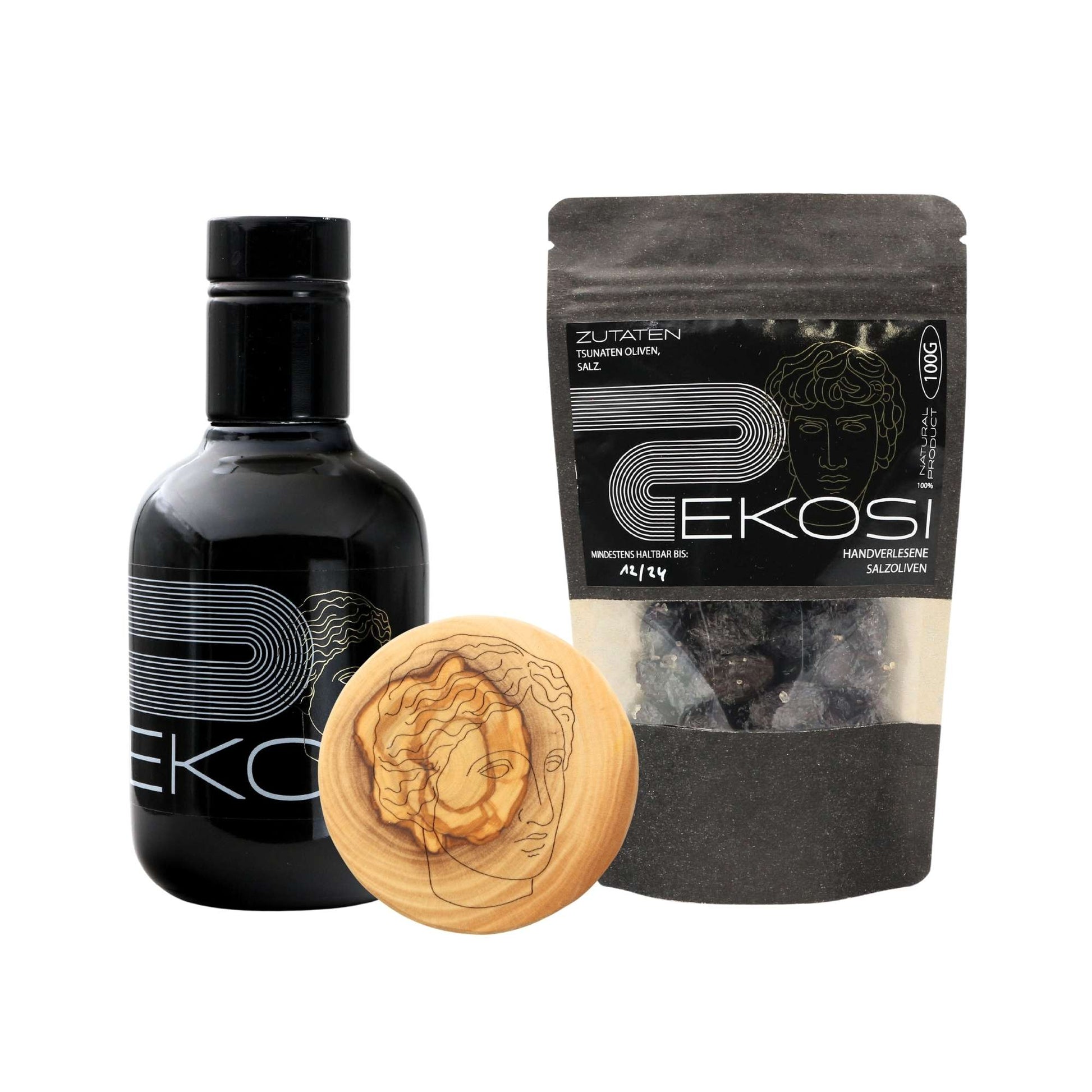 ekosi Geschenkbox für Gaumenfreunde Olivenöl, Salzoliven und Glasuntersetzer